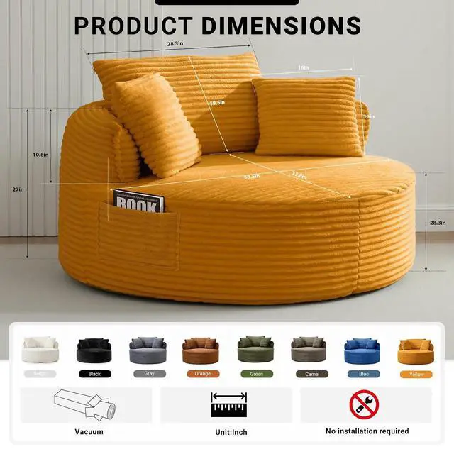 Alt view image 2 of 7 - Oversized Round Lounge Chair Indoor, Corduroy Upholstered Deep Seat Cloud Circle Sofa Chair, Fluffy Boneless Sleeper Chair for Reading & Lounging, No Assembly Required (Yellow)