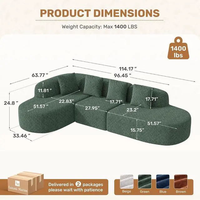 Alt view image 2 of 7 - 114 Inch Boneless Couches for Living Room,Modern Modular Sectional Sofa with Chaise,L-Shape Cloud Sectional Couch,No Assembly Required,Green