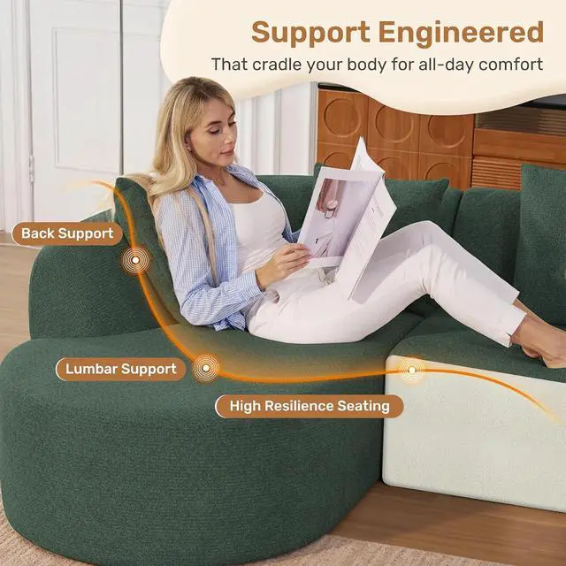 Alt view image 4 of 7 - 114 Inch Boneless Couches for Living Room,Modern Modular Sectional Sofa with Chaise,L-Shape Cloud Sectional Couch,No Assembly Required,Green