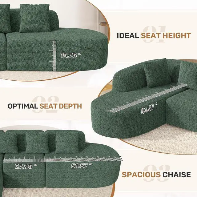 Alt view image 5 of 7 - 114 Inch Boneless Couches for Living Room,Modern Modular Sectional Sofa with Chaise,L-Shape Cloud Sectional Couch,No Assembly Required,Green