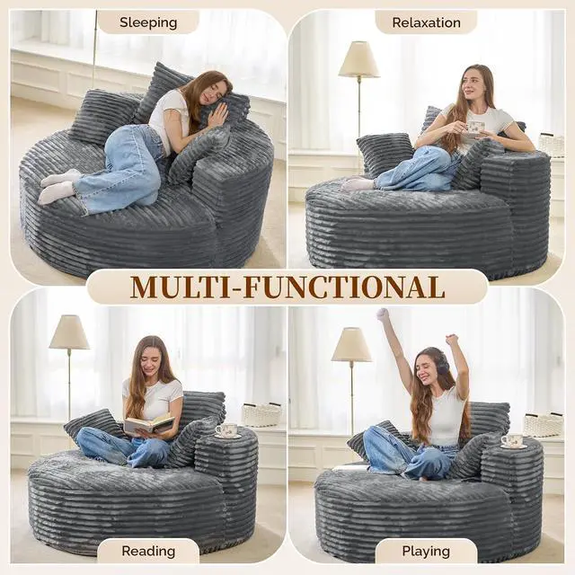 Alt view image 3 of 7 - 55''W 3.5CM Corduroy Single Foam Sofa, Oversized Round Chair with Pillows, Modern Sleeper for Living Rooms, Lounges, Nurseries and Projection Rooms, Wide-Arm Lounge Chair Armchair, Dark Grey