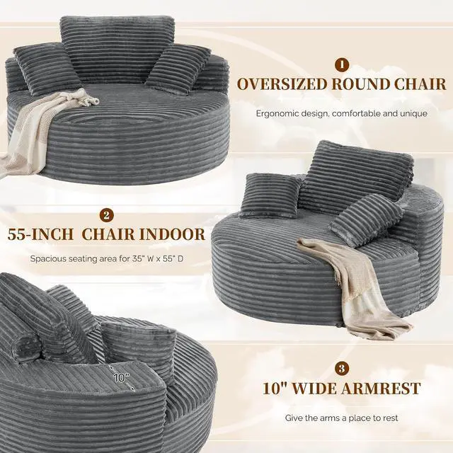 Alt view image 2 of 7 - 55''W 3.5CM Corduroy Single Foam Sofa, Oversized Round Chair with Pillows, Modern Sleeper for Living Rooms, Lounges, Nurseries and Projection Rooms, Wide-Arm Lounge Chair Armchair, Dark Grey