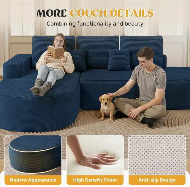 Alt view image 7 of 7 - 112" Modern Curved Cloud Couch, Boneless Couches for Living Room with Deep Seat, Memory Foam Compressed Modular Sectional Sofa, No Assembly Required,Navy Blue 1 PCS