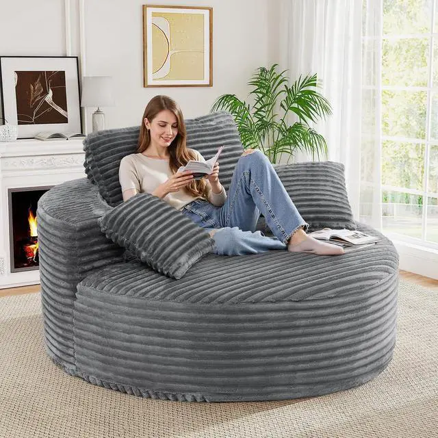 Main image of 55''W 3.5CM Corduroy Single Foam Sofa, Oversized Round Chair with Pillows, Modern Sleeper for Living Rooms, Lounges, Nurseries and Projection Rooms, Wide-Arm Lounge Chair Armchair, Dark Grey