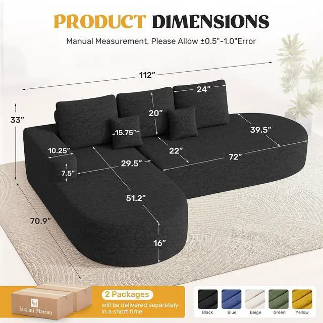 Alt view image 2 of 7 - 112" Modern Curved Cloud Couch, Chenille Boneless Couches for Living Room with Deep Seat, Memory Foam Compressed Modular Sectional Sofa, No Assembly Required,Black 1 PCS
