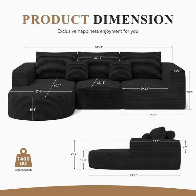 Alt view image 2 of 7 - L-Shaped Boneless Couch,104" Couches for Living Room with Curved Chaise,Modular Sectional Sofa with Deep Seat,Modern Cozy Cloud Compression Sofas,No Assembly Required(Black) 1PCS