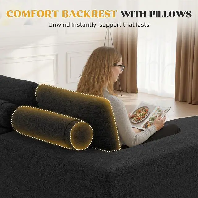Alt view image 5 of 7 - 112" Modern Curved Cloud Couch, Chenille Boneless Couches for Living Room with Deep Seat, Memory Foam Compressed Modular Sectional Sofa, No Assembly Required,Black 1 PCS