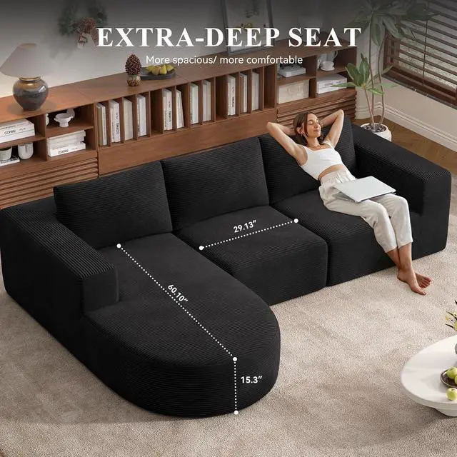 Alt view image 3 of 7 - L-Shaped Boneless Couch,104" Couches for Living Room with Curved Chaise,Modular Sectional Sofa with Deep Seat,Modern Cozy Cloud Compression Sofas,No Assembly Required(Black) 1PCS