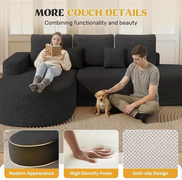 Alt view image 7 of 7 - 112" Modern Curved Cloud Couch, Chenille Boneless Couches for Living Room with Deep Seat, Memory Foam Compressed Modular Sectional Sofa, No Assembly Required,Black 1 PCS
