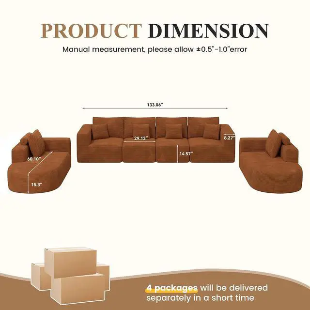 Alt view image 2 of 7 - Living Room Furniture Sets,Modern U Shaped Modular Sectional Sofa,Convertible Cloud Couches for Living Room,Comfy 4 Seater with 2 Chaise Furniture Set, Boneless Couch Sofa,1 PCS