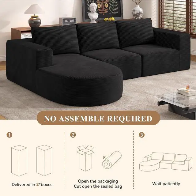 Alt view image 7 of 7 - L-Shaped Boneless Couch,104" Couches for Living Room with Curved Chaise,Modular Sectional Sofa with Deep Seat,Modern Cozy Cloud Compression Sofas,No Assembly Required(Black) 1PCS