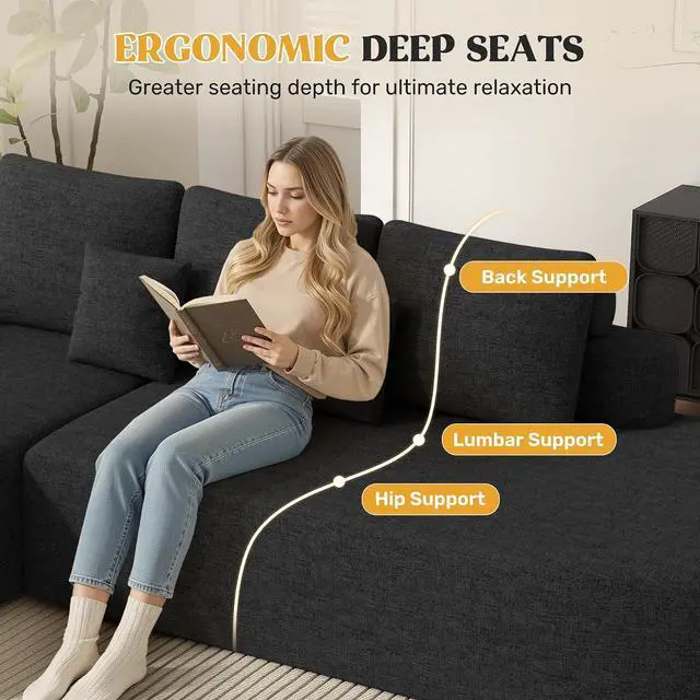 Alt view image 6 of 7 - 112" Modern Curved Cloud Couch, Chenille Boneless Couches for Living Room with Deep Seat, Memory Foam Compressed Modular Sectional Sofa, No Assembly Required,Black 1 PCS