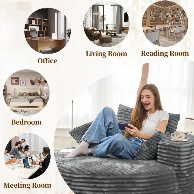 Alt view image 4 of 7 - 55''W 3.5CM Corduroy Single Foam Sofa, Oversized Round Chair with Pillows, Modern Sleeper for Living Rooms, Lounges, Nurseries and Projection Rooms, Wide-Arm Lounge Chair Armchair, Dark Grey