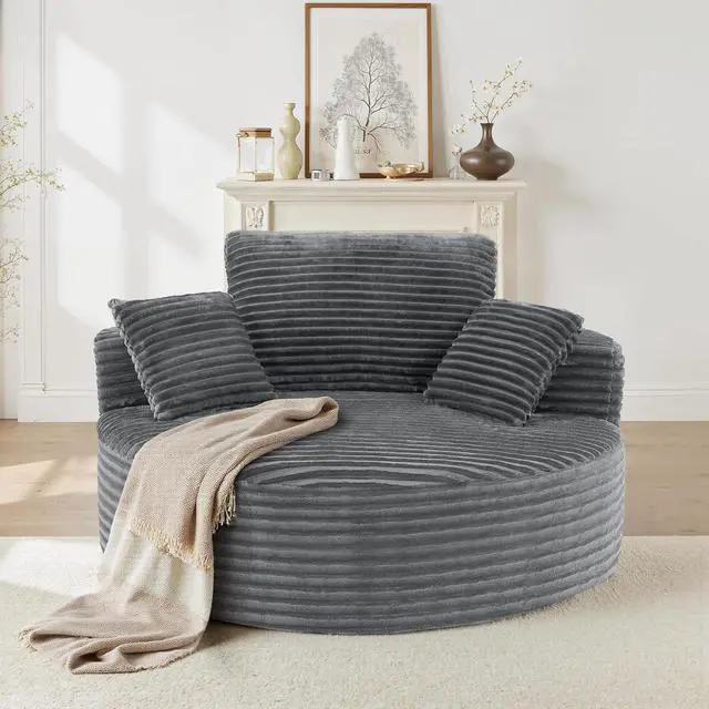 Alt view image 7 of 7 - 55''W 3.5CM Corduroy Single Foam Sofa, Oversized Round Chair with Pillows, Modern Sleeper for Living Rooms, Lounges, Nurseries and Projection Rooms, Wide-Arm Lounge Chair Armchair, Dark Grey