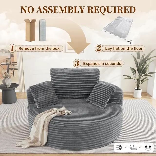 Alt view image 5 of 7 - 55''W 3.5CM Corduroy Single Foam Sofa, Oversized Round Chair with Pillows, Modern Sleeper for Living Rooms, Lounges, Nurseries and Projection Rooms, Wide-Arm Lounge Chair Armchair, Dark Grey