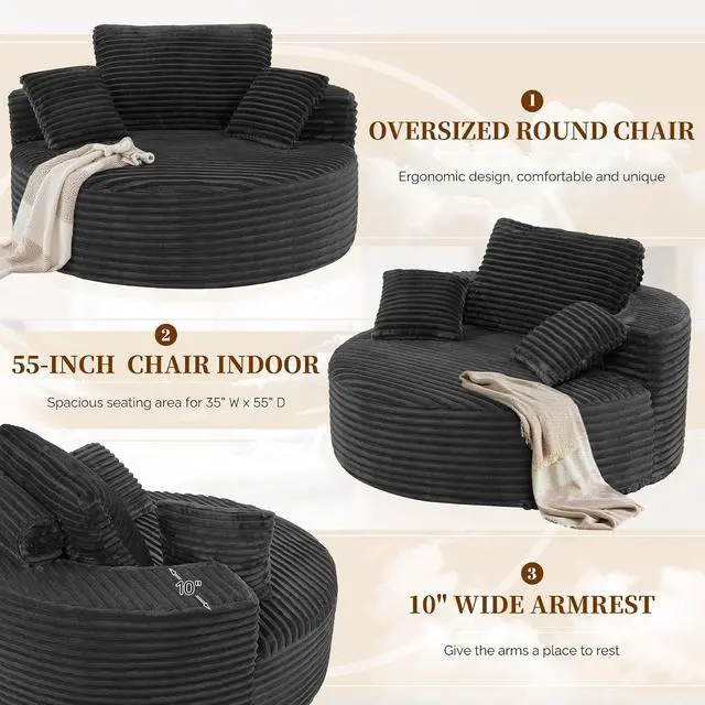 Alt view image 2 of 7 - 55''W 3.5CM Corduroy Single Foam Sofa, Oversized Round Chair with Pillows, Modern Sleeper for Living Rooms, Lounges, Nurseries and Projection Rooms, Wide-Arm Lounge Chair Armchair, Black