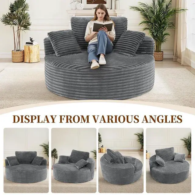 Alt view image 6 of 7 - 55''W 3.5CM Corduroy Single Foam Sofa, Oversized Round Chair with Pillows, Modern Sleeper for Living Rooms, Lounges, Nurseries and Projection Rooms, Wide-Arm Lounge Chair Armchair, Dark Grey