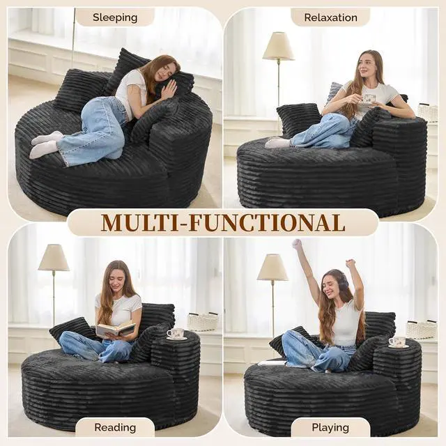 Alt view image 3 of 7 - 55''W 3.5CM Corduroy Single Foam Sofa, Oversized Round Chair with Pillows, Modern Sleeper for Living Rooms, Lounges, Nurseries and Projection Rooms, Wide-Arm Lounge Chair Armchair, Black