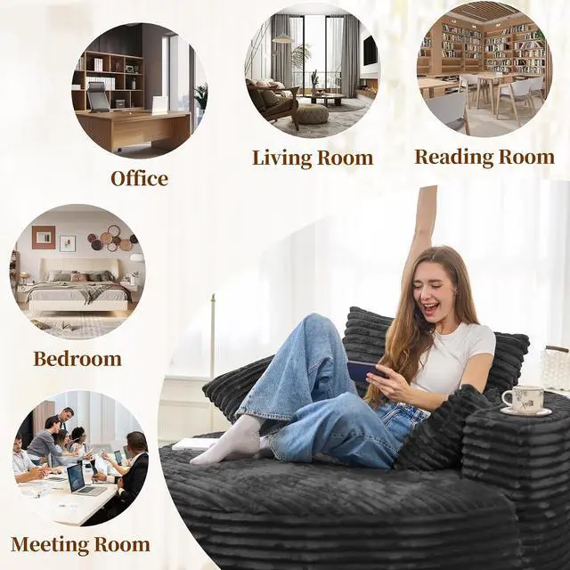 Alt view image 4 of 7 - 55''W 3.5CM Corduroy Single Foam Sofa, Oversized Round Chair with Pillows, Modern Sleeper for Living Rooms, Lounges, Nurseries and Projection Rooms, Wide-Arm Lounge Chair Armchair, Black