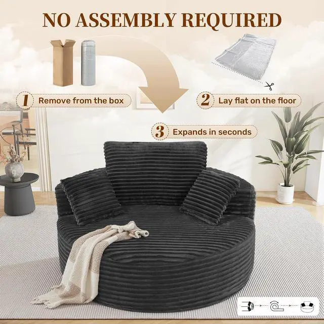Alt view image 5 of 7 - 55''W 3.5CM Corduroy Single Foam Sofa, Oversized Round Chair with Pillows, Modern Sleeper for Living Rooms, Lounges, Nurseries and Projection Rooms, Wide-Arm Lounge Chair Armchair, Black