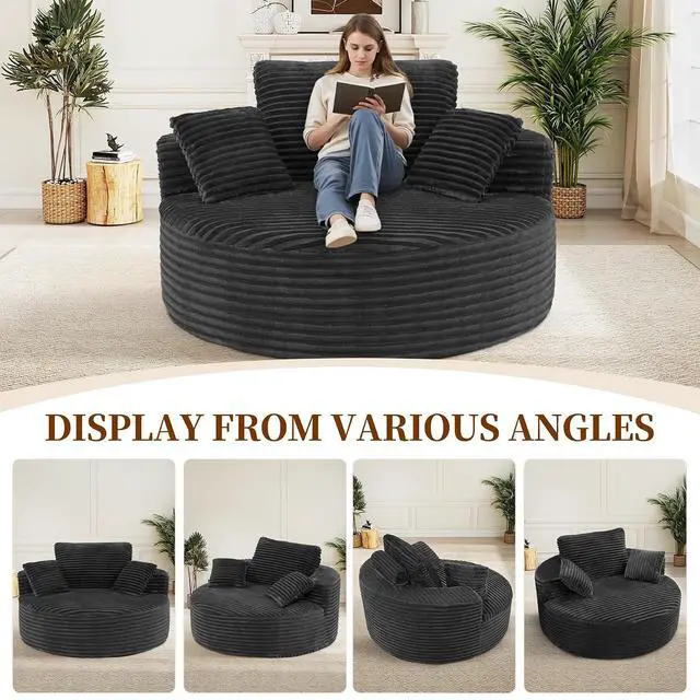 Alt view image 6 of 7 - 55''W 3.5CM Corduroy Single Foam Sofa, Oversized Round Chair with Pillows, Modern Sleeper for Living Rooms, Lounges, Nurseries and Projection Rooms, Wide-Arm Lounge Chair Armchair, Black