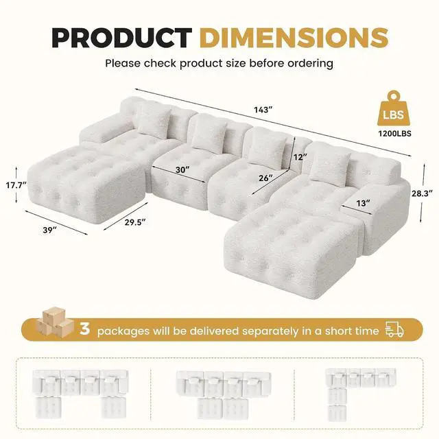 Alt view image 2 of 7 - 143" Modern Boneless Couches for Living Room, U Shaped Cloud Couch Sectional, Chenille Convertible Modular Sofa Set, No Assembly Required, Beige 1 PCS