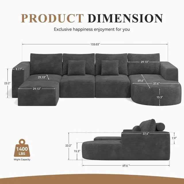 Alt view image 2 of 7 - 134" Boneless Couches for Living Room,Large U-Shaped Modular Sectional Sofa with Convertible Ottoman,Modern Cozy Cloud Couch in a Box,Sponge Compression Deep Seat Sofas with Chaise,Gray,1pcs