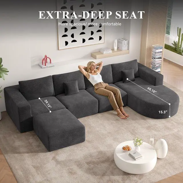 Alt view image 4 of 7 - 134" Boneless Couches for Living Room,Large U-Shaped Modular Sectional Sofa with Convertible Ottoman,Modern Cozy Cloud Couch in a Box,Sponge Compression Deep Seat Sofas with Chaise,Gray,1pcs