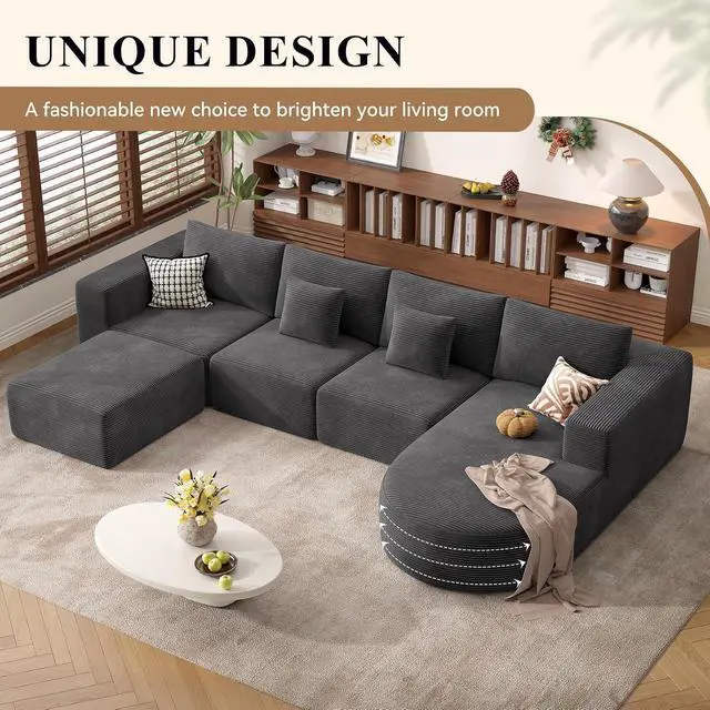 Alt view image 6 of 7 - 134" Boneless Couches for Living Room,Large U-Shaped Modular Sectional Sofa with Convertible Ottoman,Modern Cozy Cloud Couch in a Box,Sponge Compression Deep Seat Sofas with Chaise,Gray,1pcs