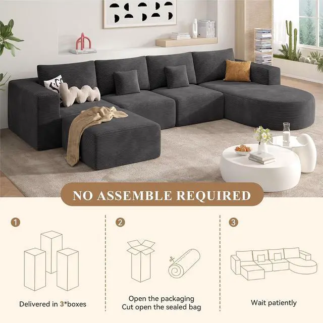 Alt view image 3 of 7 - 134" Boneless Couches for Living Room,Large U-Shaped Modular Sectional Sofa with Convertible Ottoman,Modern Cozy Cloud Couch in a Box,Sponge Compression Deep Seat Sofas with Chaise,Gray,1pcs