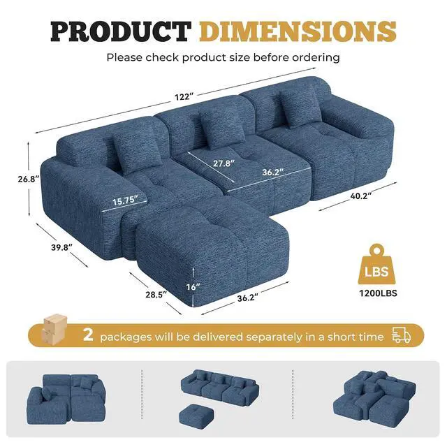 Alt view image 2 of 7 - 122" Modern Boneless Couches for Living Room, Convertible L Shaped Modular Sectional Sofa,4 Seater Cloud Couch Sofa Set, Blue 1 PCS
