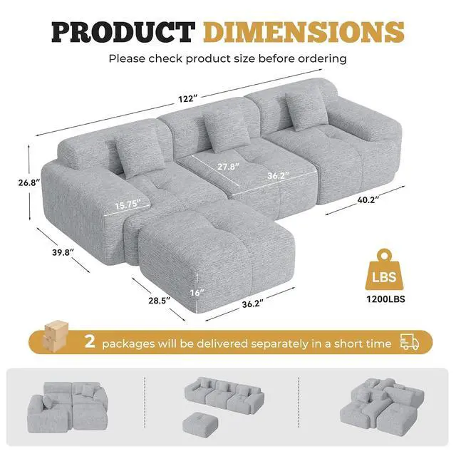 Alt view image 2 of 7 - 122" Modern Boneless Couches for Living Room, Convertible L Shaped Modular Sectional Sofa,4 Seater Cloud Couch Sofa Set, Light Grey 1 PCS