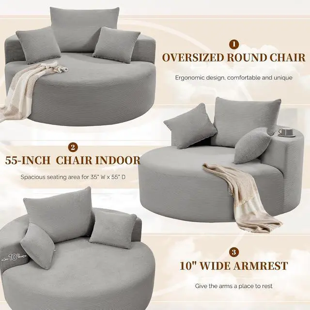 Alt view image 2 of 7 - 55''W Corduroy Single Foam Sofa, Oversized Round Chair with Pillows, Modern Sleeper for Living Rooms, Lounges, Nurseries and Projection Rooms, Wide-Arm Lounge Chair Armchair, Dark Grey