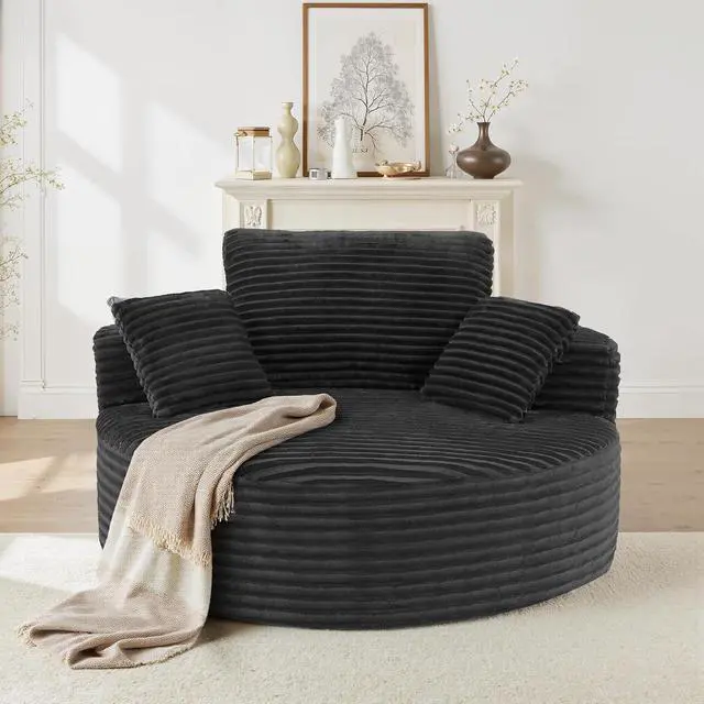 Alt view image 7 of 7 - 55''W 3.5CM Corduroy Single Foam Sofa, Oversized Round Chair with Pillows, Modern Sleeper for Living Rooms, Lounges, Nurseries and Projection Rooms, Wide-Arm Lounge Chair Armchair, Black