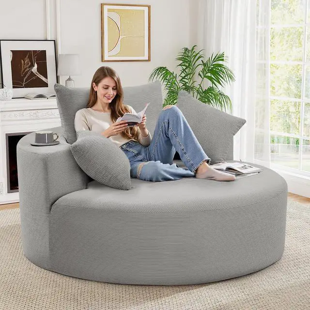 Main image of 55''W Corduroy Single Foam Sofa, Oversized Round Chair with Pillows, Modern Sleeper for Living Rooms, Lounges, Nurseries and Projection Rooms, Wide-Arm Lounge Chair Armchair, Dark Grey