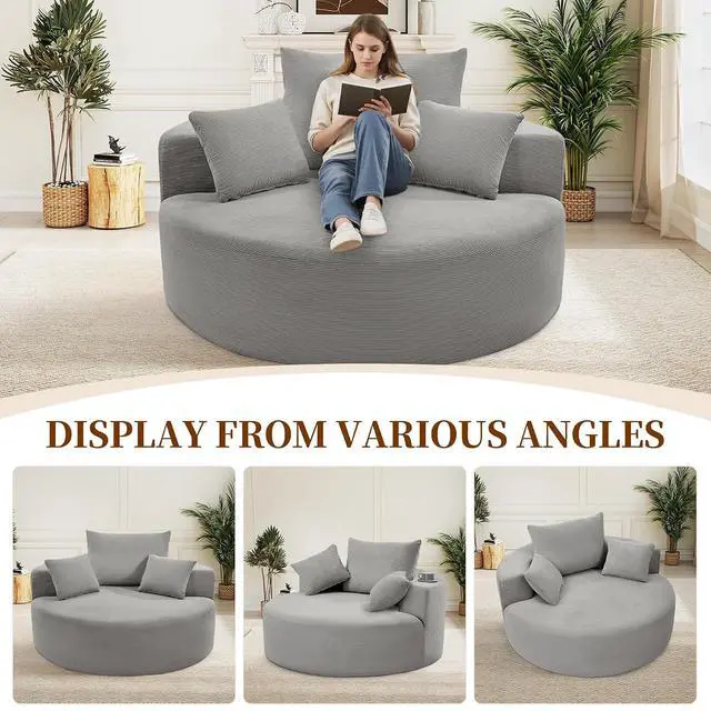 Alt view image 6 of 7 - 55''W Corduroy Single Foam Sofa, Oversized Round Chair with Pillows, Modern Sleeper for Living Rooms, Lounges, Nurseries and Projection Rooms, Wide-Arm Lounge Chair Armchair, Dark Grey