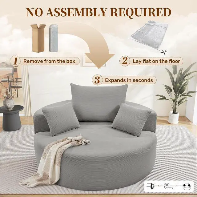 Alt view image 5 of 7 - 55''W Corduroy Single Foam Sofa, Oversized Round Chair with Pillows, Modern Sleeper for Living Rooms, Lounges, Nurseries and Projection Rooms, Wide-Arm Lounge Chair Armchair, Dark Grey