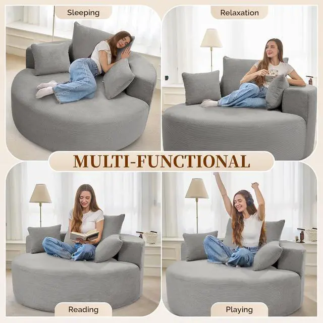 Alt view image 3 of 7 - 55''W Corduroy Single Foam Sofa, Oversized Round Chair with Pillows, Modern Sleeper for Living Rooms, Lounges, Nurseries and Projection Rooms, Wide-Arm Lounge Chair Armchair, Dark Grey