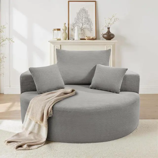 Alt view image 7 of 7 - 55''W Corduroy Single Foam Sofa, Oversized Round Chair with Pillows, Modern Sleeper for Living Rooms, Lounges, Nurseries and Projection Rooms, Wide-Arm Lounge Chair Armchair, Dark Grey