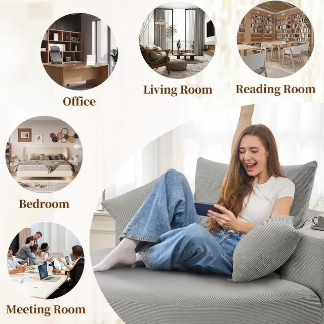 Alt view image 4 of 7 - 55''W Corduroy Single Foam Sofa, Oversized Round Chair with Pillows, Modern Sleeper for Living Rooms, Lounges, Nurseries and Projection Rooms, Wide-Arm Lounge Chair Armchair, Dark Grey