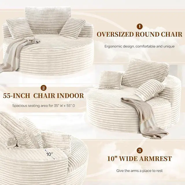 Alt view image 2 of 7 - 55''L 3.5CM Corduroy Single Foam Sofa, Oversized Round Chair with Pillows, Modern Sleeper for Living Rooms, Lounges, Nurseries and Projection Rooms, Wide-Arm Lounge Chair Armchair, Beige