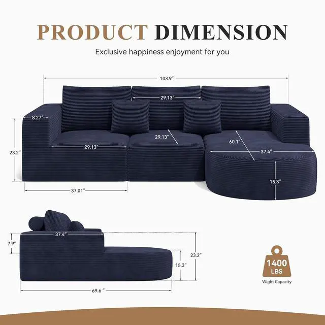 Alt view image 2 of 7 - L-Shaped Boneless Couch,104" Couches for Living Room with Curved Chaise,Modular Sectional Sofa with Deep Seat,Modern Cozy Cloud Compression Sofas,No Assembly Required(Blue) 1PCS