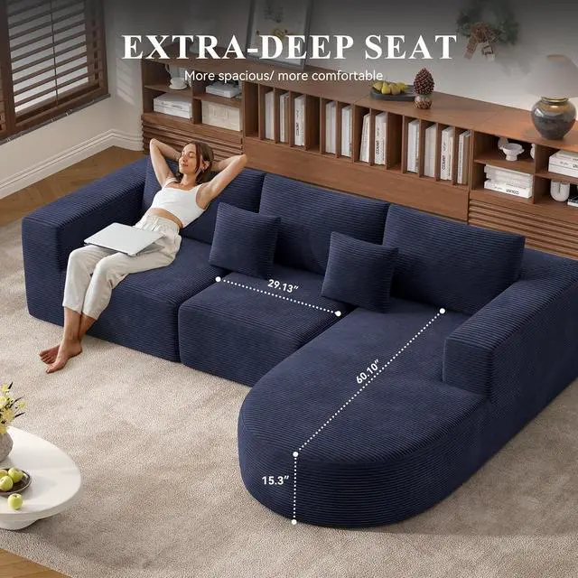 Alt view image 3 of 7 - L-Shaped Boneless Couch,104" Couches for Living Room with Curved Chaise,Modular Sectional Sofa with Deep Seat,Modern Cozy Cloud Compression Sofas,No Assembly Required(Blue) 1PCS