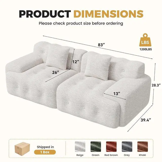 Alt view image 2 of 7 - 83" Boneless Loveseat Sofa in a Box, Modern Small Couch No Assembly Required, Comfy Deep Seat Cloud Couches for Living Room, Bedroom, Apartment, Beige 1 PCS