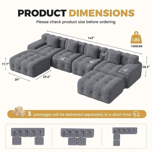 Alt view image 2 of 7 - 143" Modern Boneless Couches for Living Room, U Shaped Cloud Couch Sectional, Chenille Convertible Modular Sofa Set, No Assembly Required, Dark Grey 1 PCS