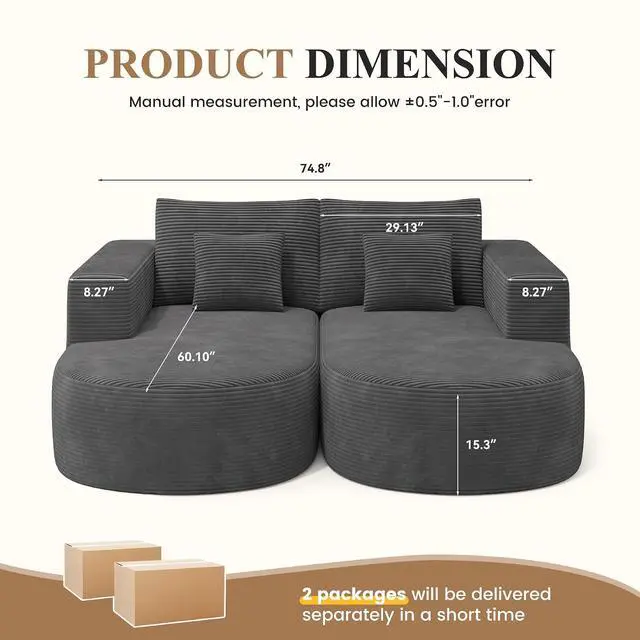 Alt view image 2 of 7 - Modular Sectional Sofa Bed,Convertible Cloud Couches for Living Room,2 Chaise Corduroy Boneless Couch Sleeper Sofa Set,Oversized Chaise Lounge Chair for Bedroom,No Assembly Required,Gray 1PCS