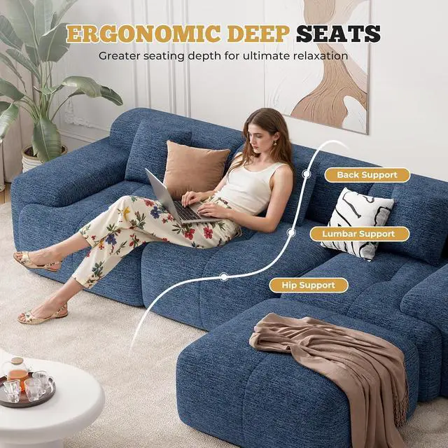 Alt view image 5 of 7 - 158" Modern U Shaped Modular Sectional Sofa, Boneless Couches for Living Room with Ottoman,6 Seater Convertible Chenille Cloud Couch Sofa Set, No Assembly Required, Blue 1 PCS