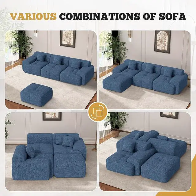 Alt view image 6 of 7 - 158" Modern U Shaped Modular Sectional Sofa, Boneless Couches for Living Room with Ottoman,6 Seater Convertible Chenille Cloud Couch Sofa Set, No Assembly Required, Blue 1 PCS