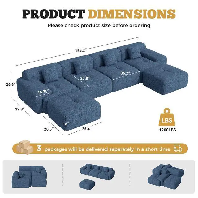 Alt view image 2 of 7 - 158" Modern U Shaped Modular Sectional Sofa, Boneless Couches for Living Room with Ottoman,6 Seater Convertible Chenille Cloud Couch Sofa Set, No Assembly Required, Blue 1 PCS
