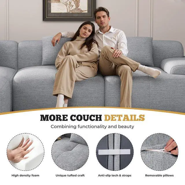 Alt view image 7 of 7 - 122" Modern Boneless Couches for Living Room, Convertible L Shaped Modular Sectional Sofa,4 Seater Cloud Couch Sofa Set, Light Grey 1 PCS